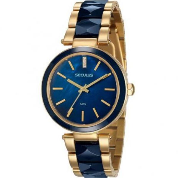 Relógio Feminino Dourado E Seculus Fundo Azul Original + Nf