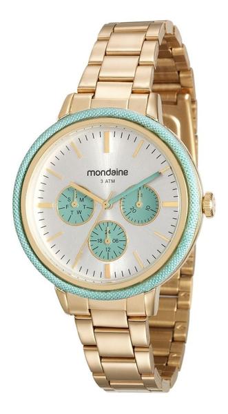 Relogio Feminino Dourado e Verde Mondaine Data Multifunção