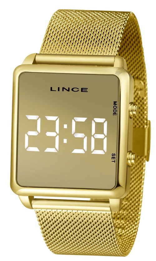 Relógio Feminino Dourado Espelhado Led Quadrado Lince Mdg4619L Bxkx