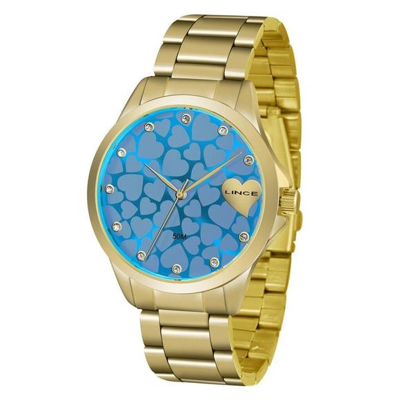 Relogio Feminino Dourado Fundo Azul com Coração Lince