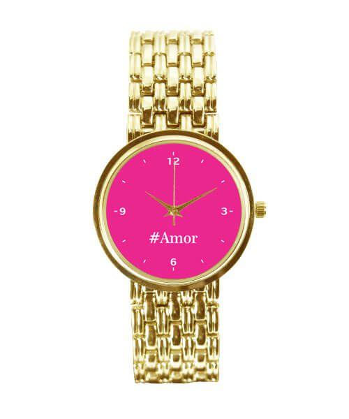 Relógio Feminino Dourado Fundo Rosa Amor 3330 - Neka Relógios