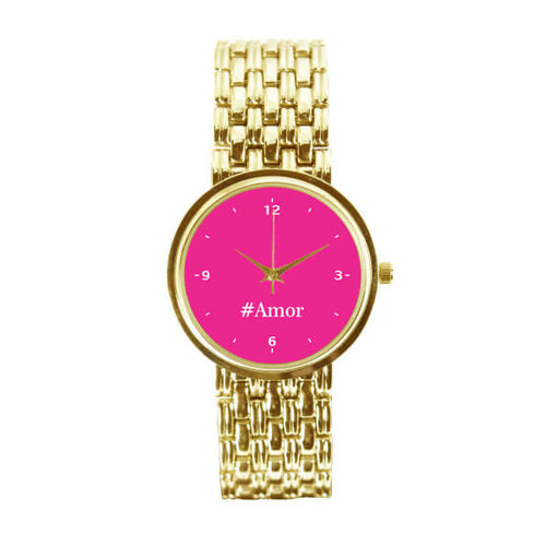 Relógio Feminino Dourado Fundo Rosa #amor 3330