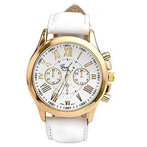 Relógio Feminino Dourado Geneva Algarismos Romanos Branco