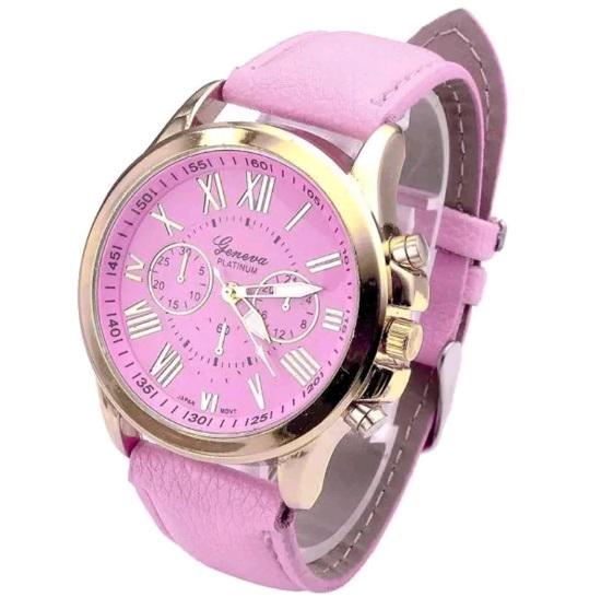 Relógio Feminino Dourado Geneva Algarismos Romanos Rosa