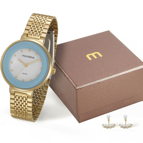 Relógio Feminino Dourado Kit Brincos Mondaine 99122LPMVDE2KZ