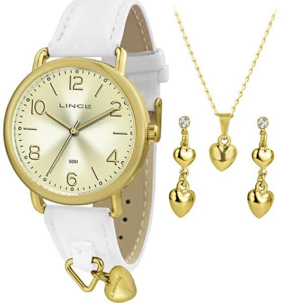 Relógio Feminino Dourado Kit Lince Colar e Brincos Lrc4451l