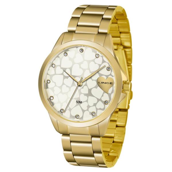 Relogio Feminino Dourado Lince Fundo com Corações LRGJ073L