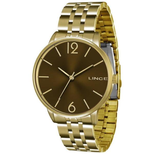 Relogio Feminino Dourado Lince Fundo Marrom + NF