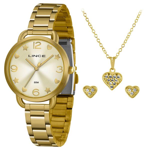Relógio Feminino Dourado Lince Lrgh126l Kx17 Folhado Ouro 18k + Kit Semi Jóia