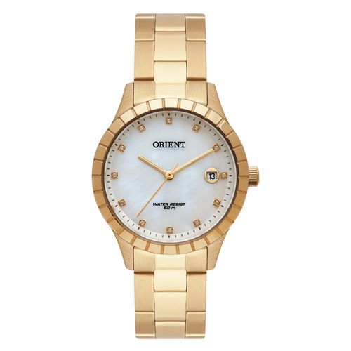 Relogio Feminino Dourado Orient com Pedras Data Madreperola