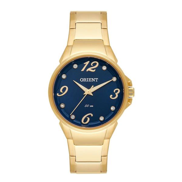 Relogio Feminino Dourado Orient Fundo Azul com Pedras D2ky