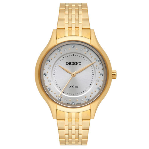 Relogio Feminino Dourado Orient Fundo Prata com Pedras Fgss0