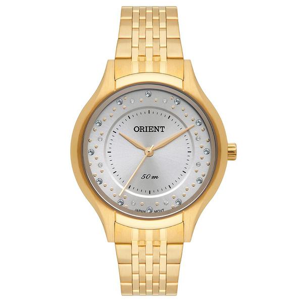 Relogio Feminino Dourado Orient Fundo Prata com Pedras FGSS0