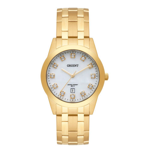 Relogio Feminino Dourado Orient Madreperola com Pedras Data