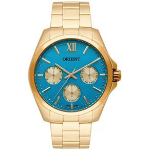 Relogio Feminino Dourado Orient Multifunção Data Fundo Azul