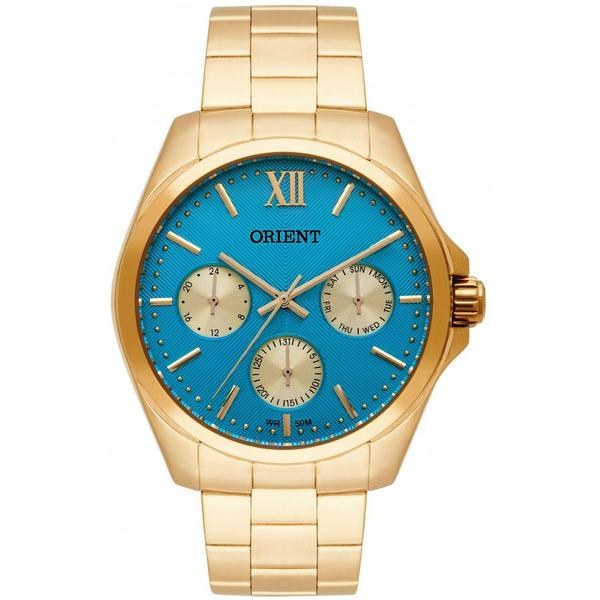 Relogio Feminino Dourado Orient Multifunção Data Fundo Azul