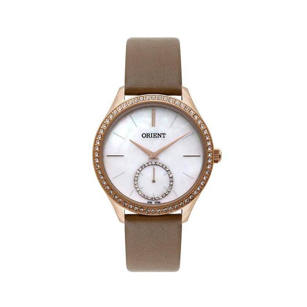 Relogio Feminino Dourado Orient Pulseira Couro Marrom Pedras