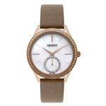 Relogio Feminino Dourado Orient Pulseira de Couro Marrom Fundo Branco de Madrepérola FGSC0012 B1FX