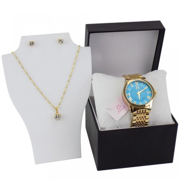 Relógio Feminino Dourado Original Aço + Colar + Brincos - Orizom