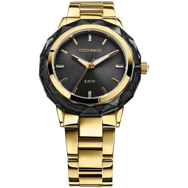 Relogio Feminino Dourado Preto Com Pedras Technos 2035mcm