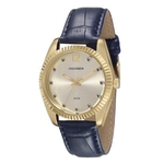 Relógio Feminino Dourado Pulseira Couro Azul A Prova D'Água