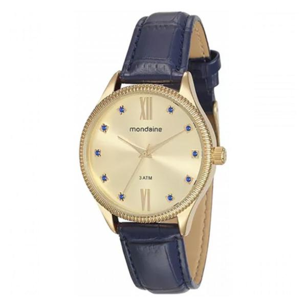 Relógio Feminino Dourado Pulseira Couro Azul com Pedras + NF - Mondaine