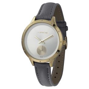 Relogio Feminino Dourado Pulseira Couro Cinza Pedras Lince