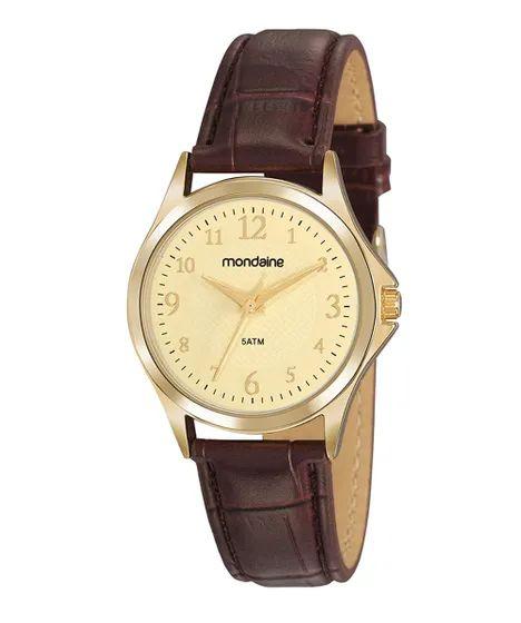 Relógio Feminino Dourado Pulseira Couro Marrom Todos Números - Mondaine