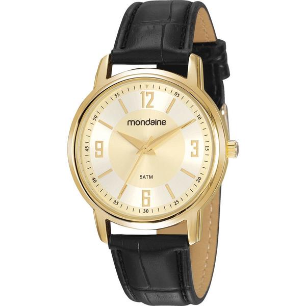 Relógio Feminino Dourado Pulseira Couro Preto Fundo Dourado - Mondaine