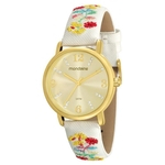 Relógio Feminino Dourado Pulseira De Couro Branca Com Flores