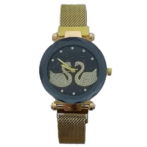 Relógio Feminino Dourado Pulseira Imã Cisne