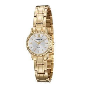 Relogio Feminino Dourado Seculus Fundo Prata