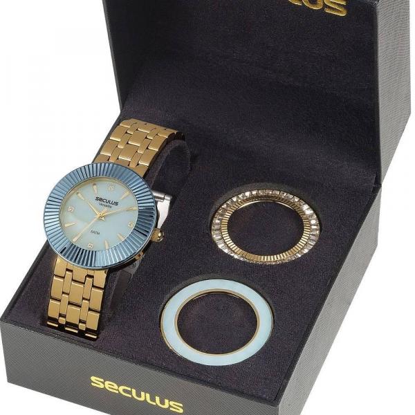 Relógio Feminino Dourado Seculus Kit 03 Aros 20598LPSVDS2