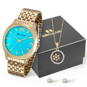 Relógio Feminino Dourado Seculus Kit Colar 20515LPSVDS1K2
