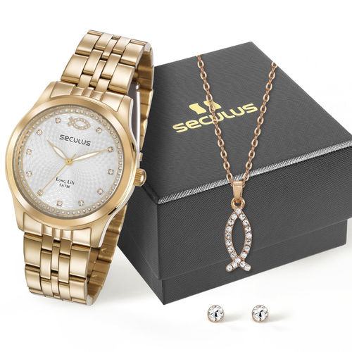 Relógio Feminino Dourado Seculus Ref.: 28968LPSKDA1K1 Peixe