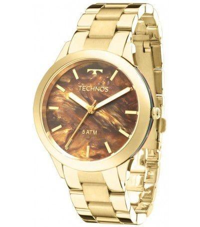 Relogio Feminino Dourado Technos Fundo Pedra Natural Marrom