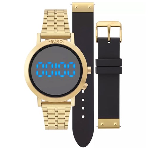 Relógio Feminino Euro Aço Dourado Troca Pulseira Silicone Preto EUBJ3407AA/T4P