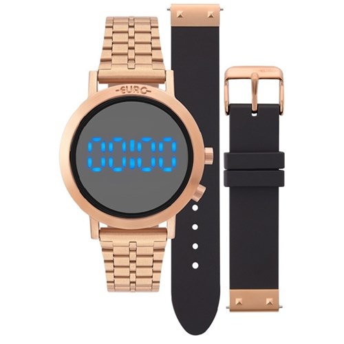 Relogio Feminino Euro Digital Rose com Troca Pulseira Silicone Preto EUBJ3407AC/T4P