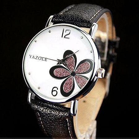 Relogio Feminino Flor Rosa Brilhante Delicado Fashion Luxo Casual Fundo Branco Pulseira Preto - Yazole