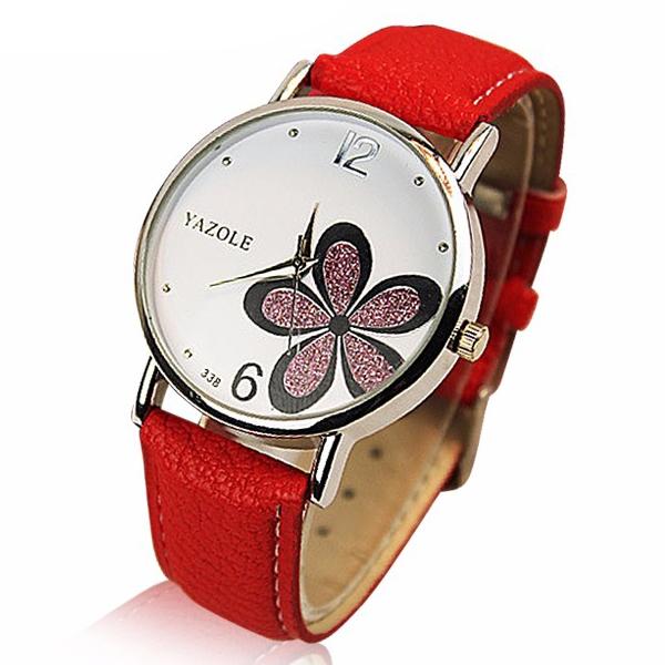 Relogio Feminino Flor Rosa Brilhante Delicado Fashion Luxo Casual Fundo Branco Pulseira Vermelha - Yazole