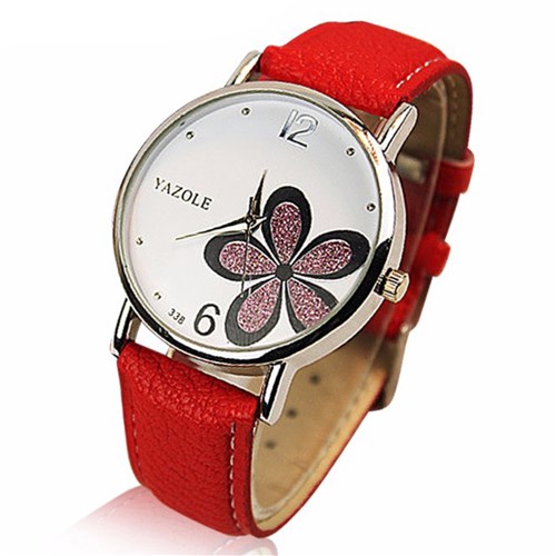 Relogio Feminino Flor Rosa Brilhante Delicado Fashion Luxo Casual Fundo Branco Pulseira Vermelha