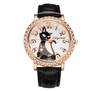 Relógio Feminino Gato Luxo Strass Couro Coreano Quartz