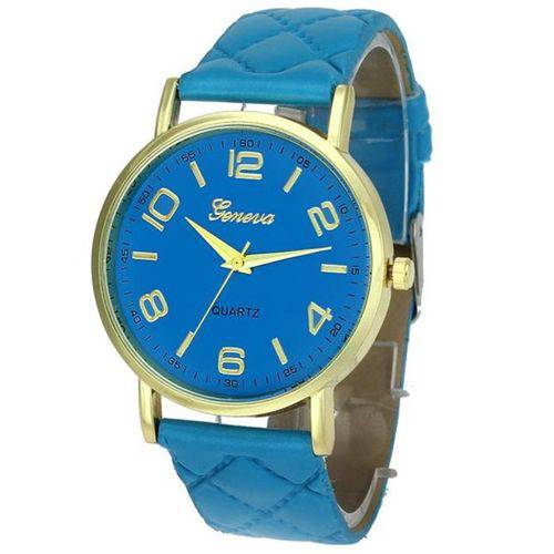 Relógio Feminino Geneva Dourado Pulseira Matelassê Azul Claro