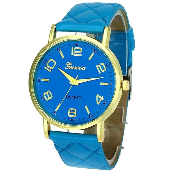 Relógio Feminino Geneva Dourado Pulseira Matelassê Azul Claro