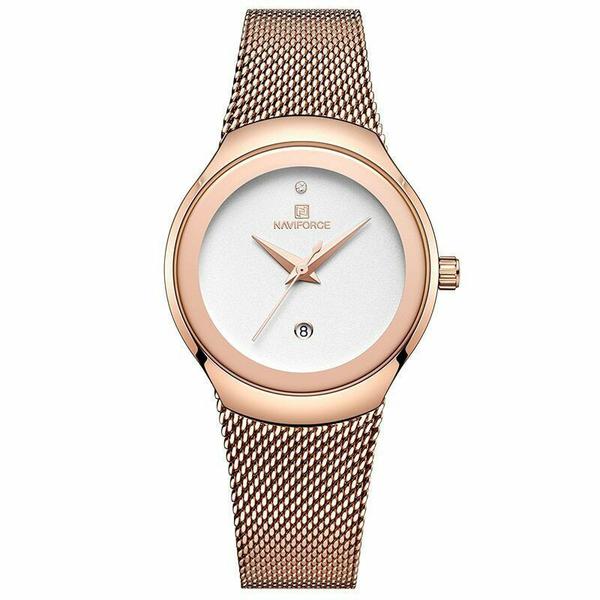 Relógio Feminino Inox Casual Pulseira Aço 30m - Dourado Rose - Naviforce