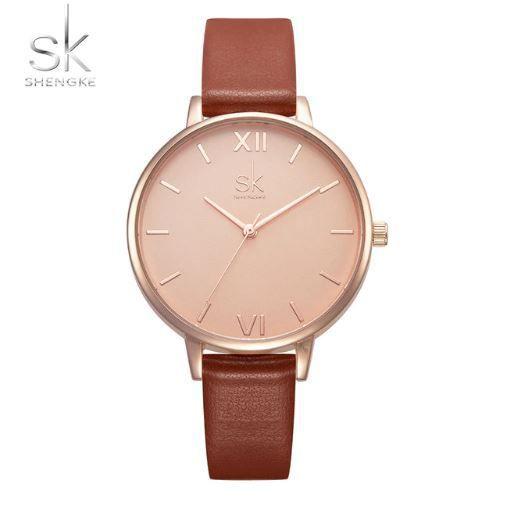 Relógio Feminino Inox Casual Pulseira Couro 30m - Marrom - Shengke