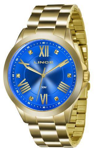 Relógio Feminino Lince Dourado Fundo Azul Lrgj046l-a3kx