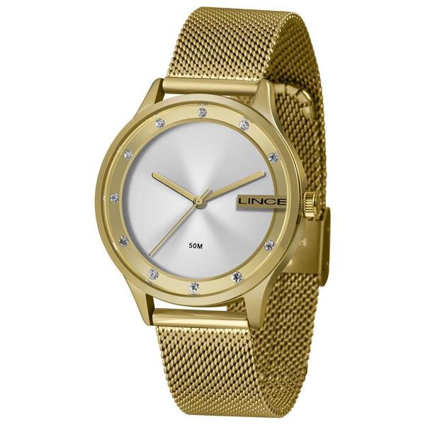 Relógio Feminino Lince Dourado Fundo Prata com Pedras + NF