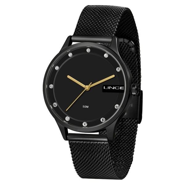 Relogio Feminino Lince Preto com Pedras e Pulseira Mesh + NF