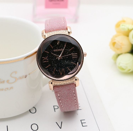 Relógio Feminino Luxo Couro Colorido Céu Estrelado Camurça Rosa - Gogoey